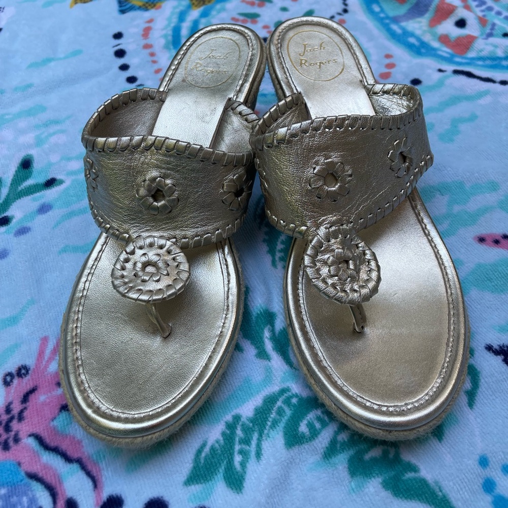 Jack Rogers Marbella Gold Leather Jute Wedge Thong Sandal Size 9.